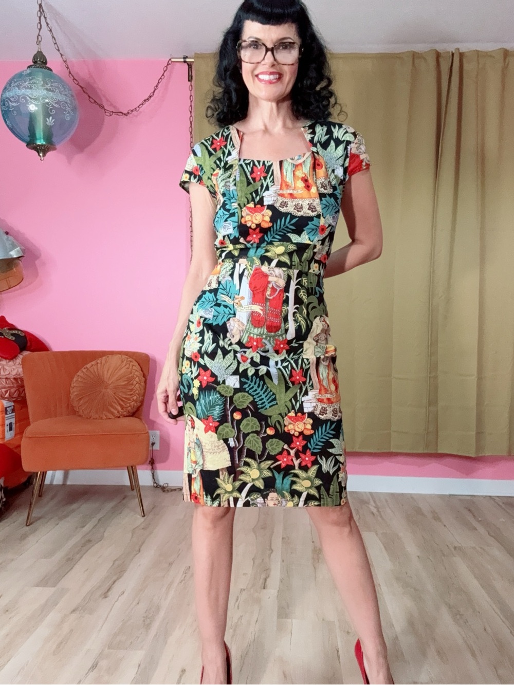 Women's Black Tropical Frida Print Cap Sleeve Dress M
